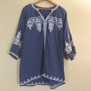 Soft Surroundings Embroidered Blue Tunic Blouse Women's XS
